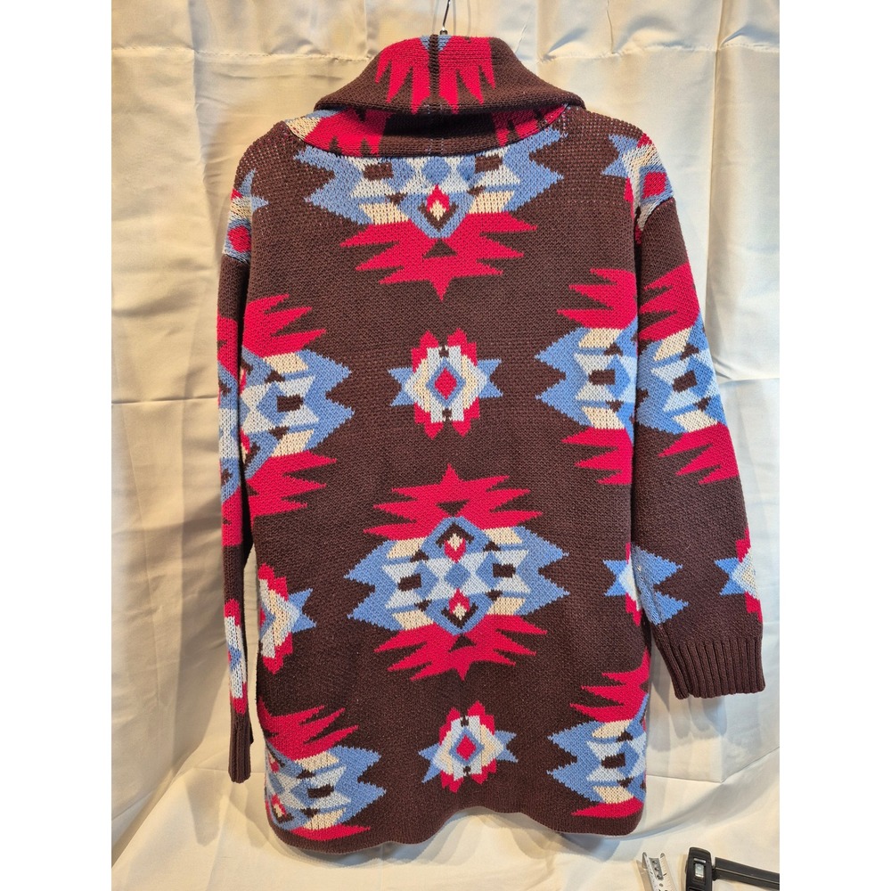 Lucky Brand Womens Brown Southwestern Geometric Shawl Collar Cardigan Sweater L